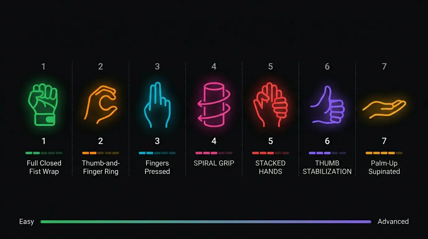 Seven grip styles comparison infographic showing icons difficulty and best position on dark background