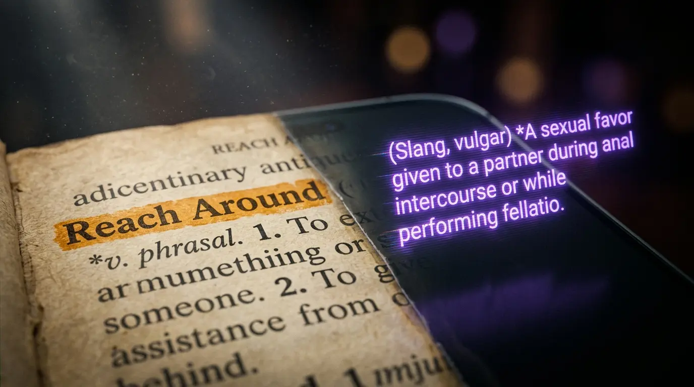 Conceptual dark cinematic scene — antique dictionary page transitioning into glowing neon slang text representing the evolution of reach around meaning