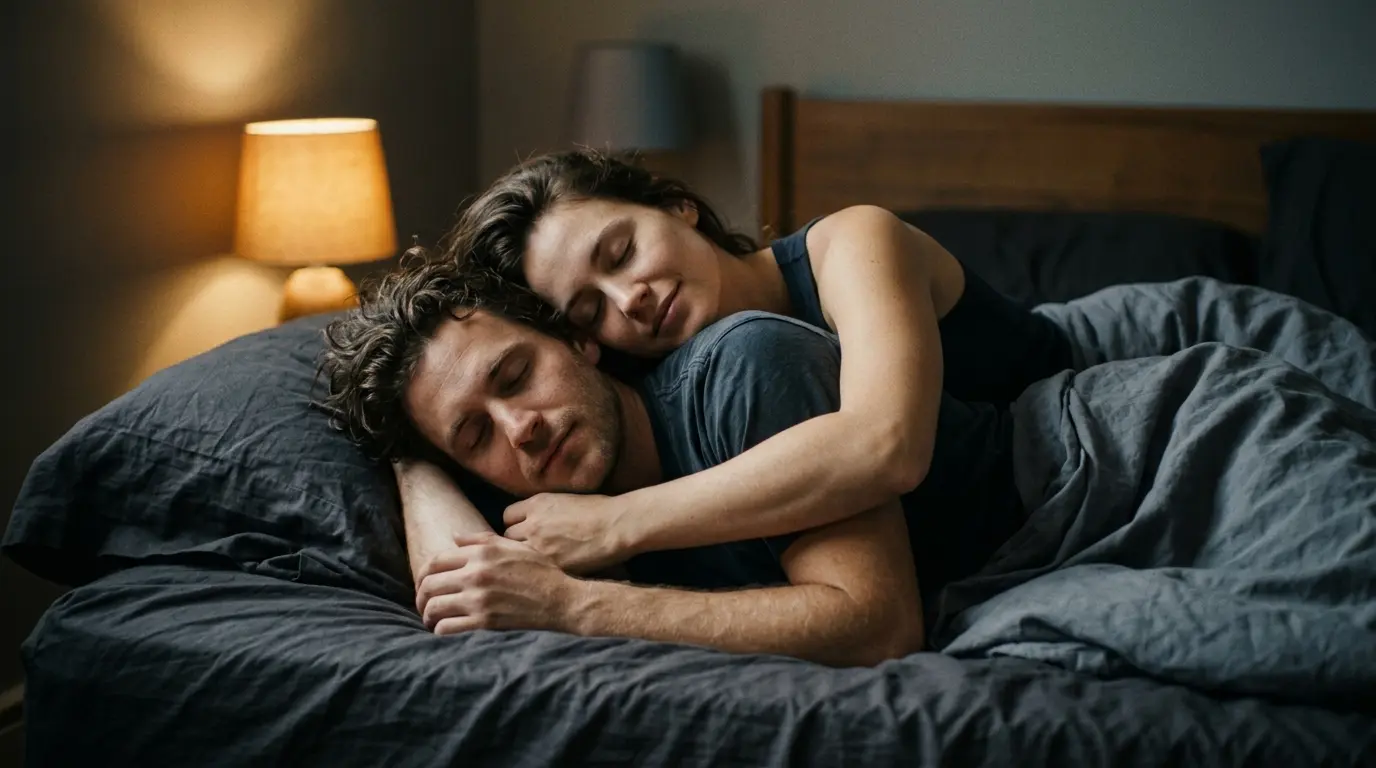 Intimate couple in post-orgasm aftercare embrace with woman holding man from behind in soft warm glow