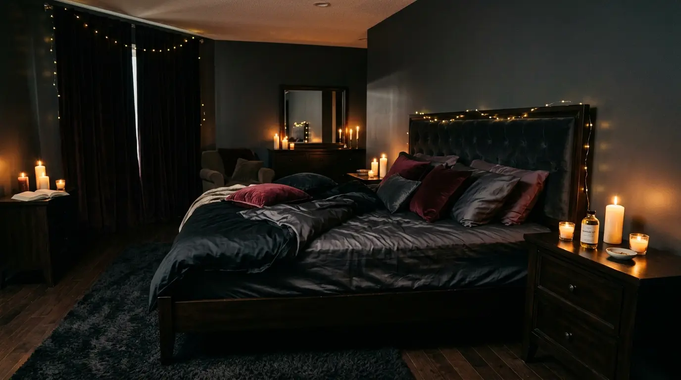 Dark romantic bedroom scene with warm dim lighting candles and silk sheets creating an intimate sensory environment