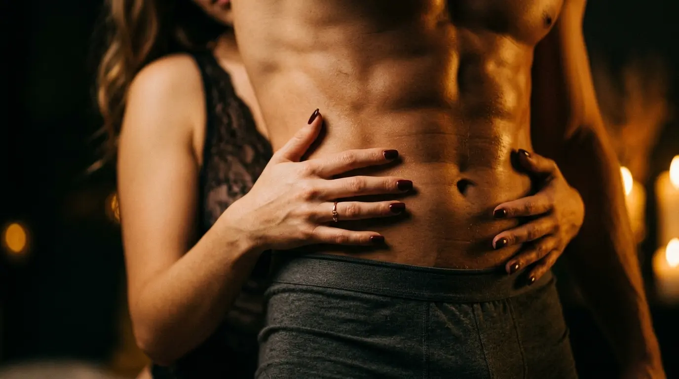 Woman's hands slowly gliding down a man's bare torso from behind with warm golden light on skin