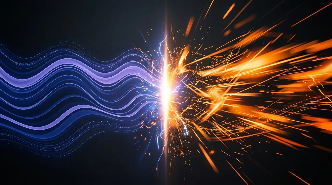 Abstract cinematic split composition showing slow wave motion on left in deep blue and fast kinetic energy on right in amber, dark premium editorial style