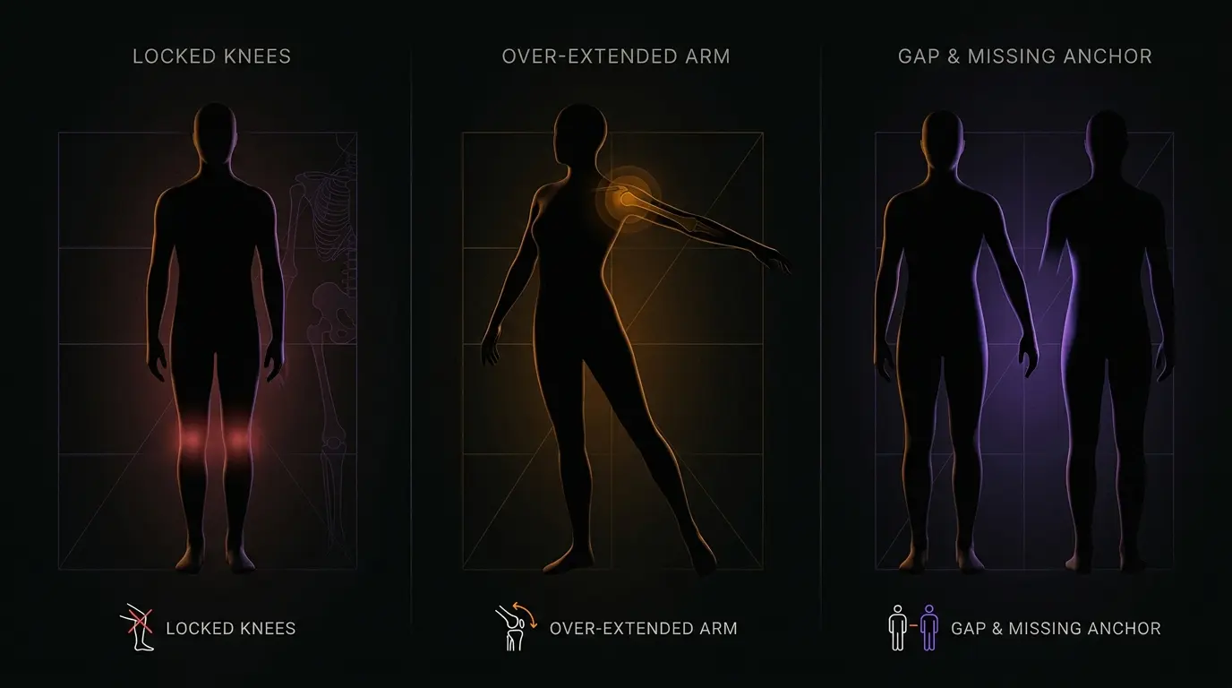 Abstract dark cinematic infographic illustration showing three common body position errors — locked knees represented by rigid leg silhouette, over-extended arm shown with red highlight at shoulder, and missing anchor arm shown with gap between bodies — amber and purple color scheme