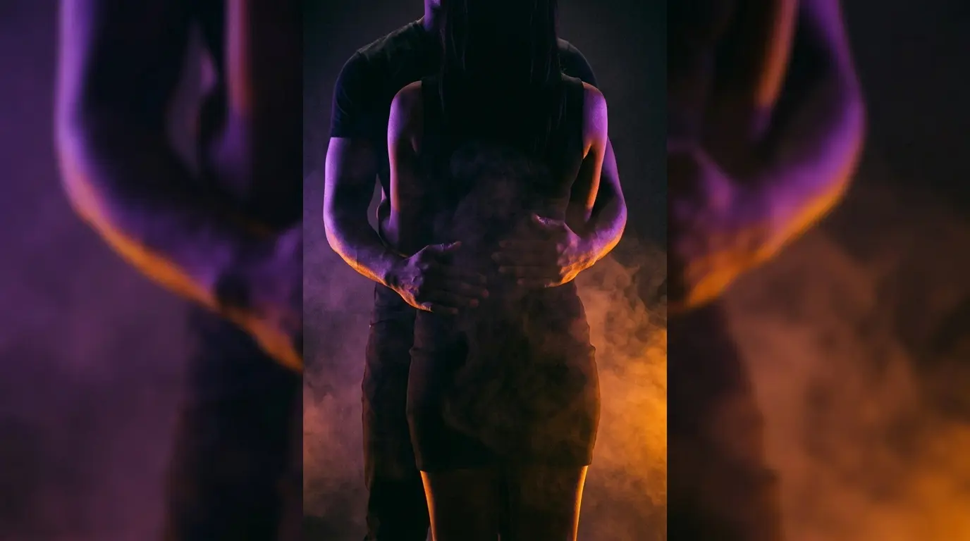 Cinematic silhouette of a standing couple, giver behind with arm reaching around, dramatic amber and purple split lighting against a dark background