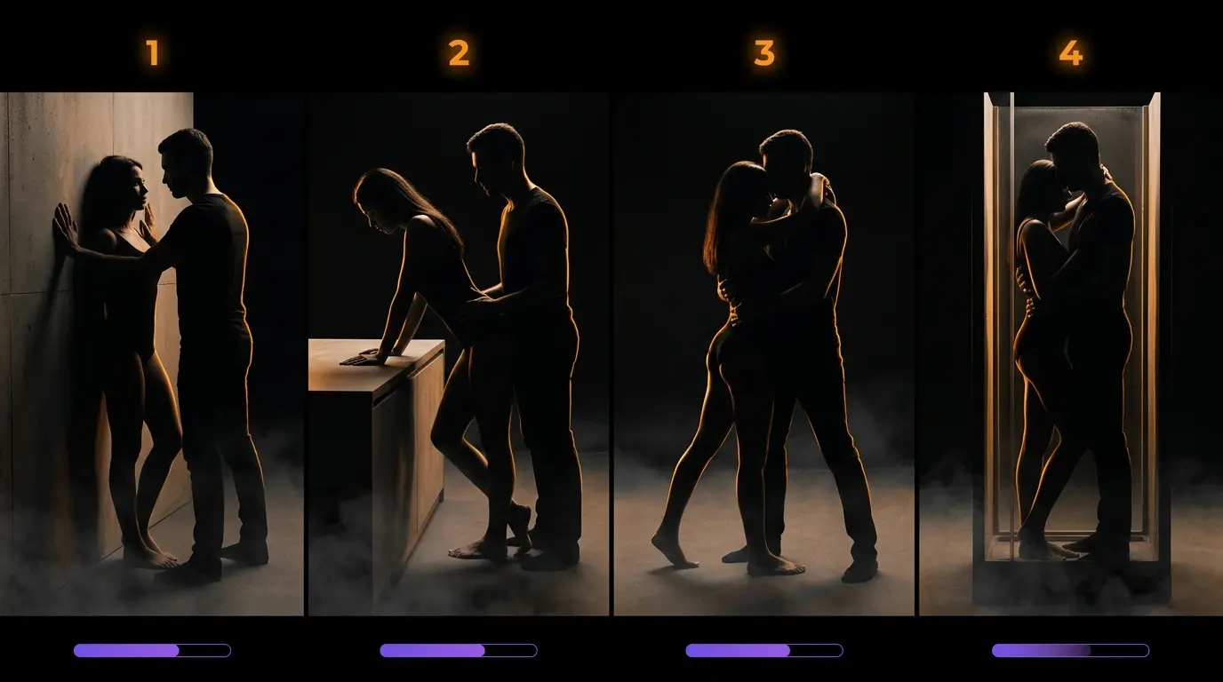 Cinematic four-panel split image showing four standing reach around scenarios from easiest to hardest — wall-braced, furniture-supported, free-standing, and shower — each lit with amber and purple accent lighting against a dark background