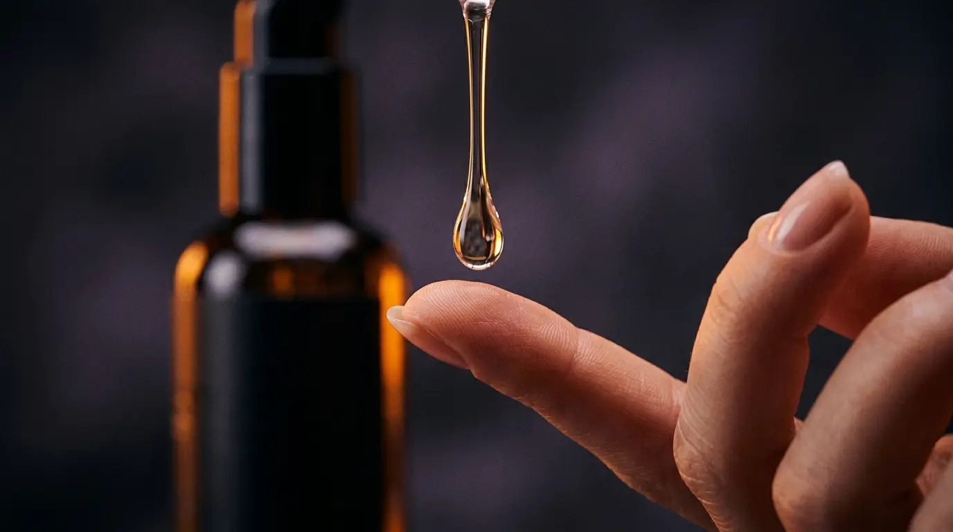 Close-up of premium lubricant droplet on fingertips with amber lighting, essential for comfortable reach around technique