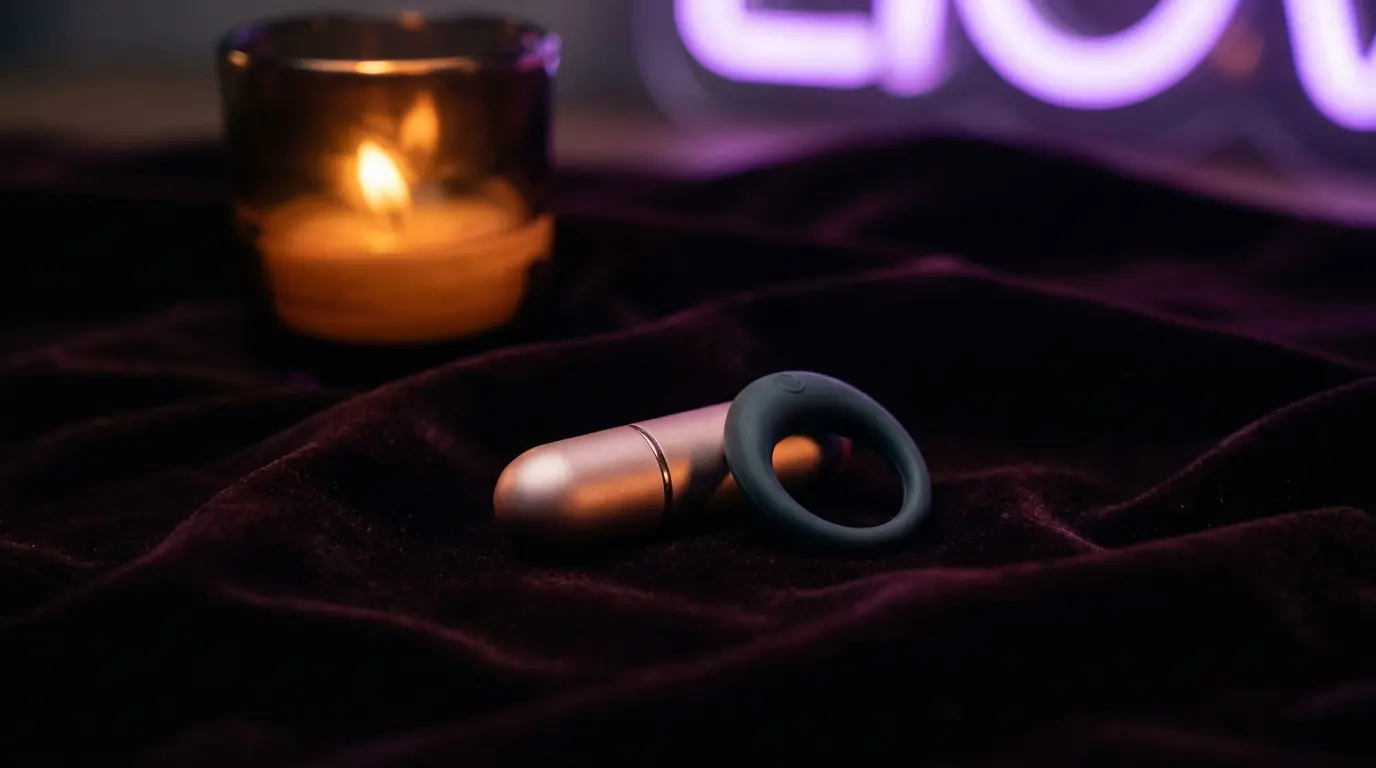 Premium intimate accessories including bullet vibrator and ring on dark velvet with warm amber accent lighting