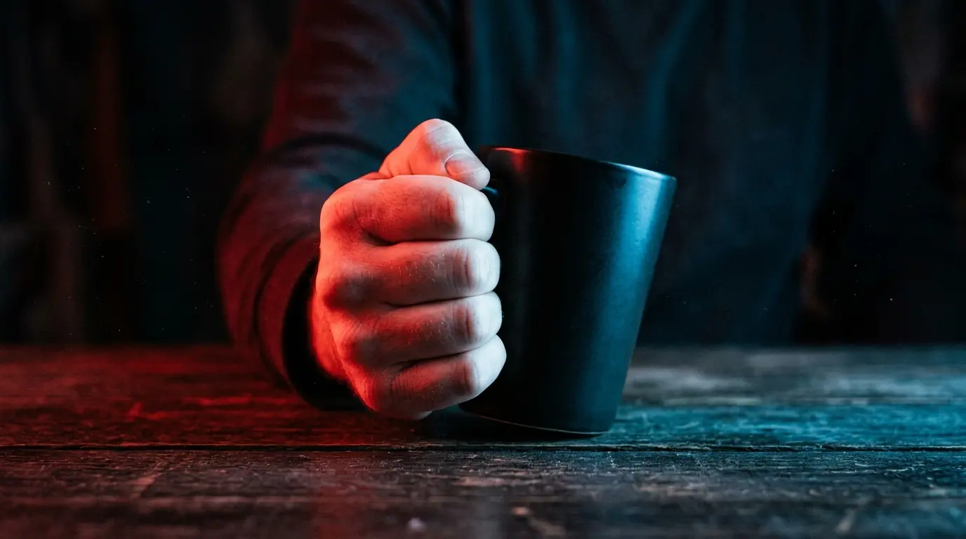 Conceptual image showing incorrect tight grip technique with dramatic split red and blue warning lighting