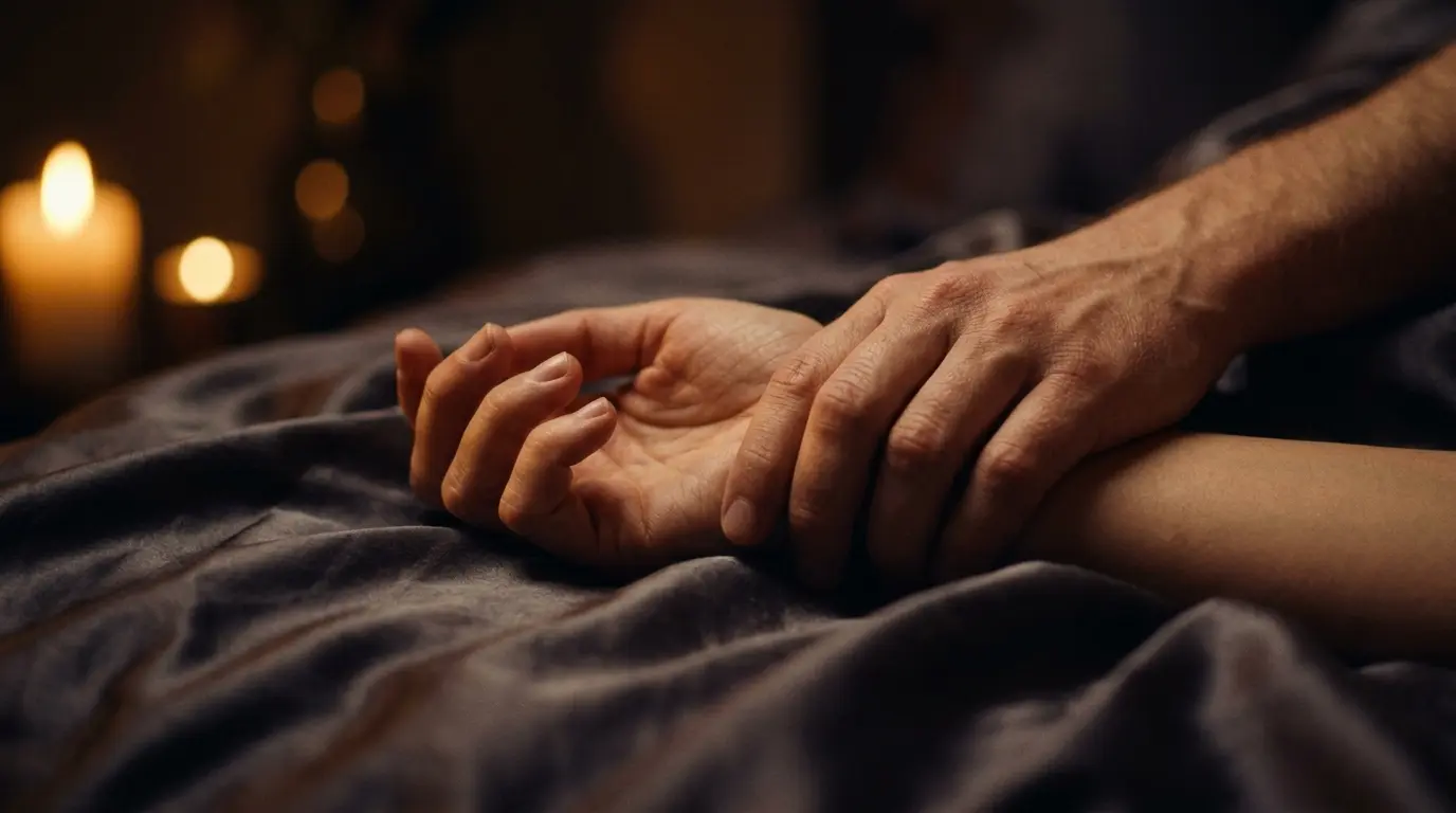 Close-up of intimate intertwined hands on silk sheets with warm candlelight representing trust and connection