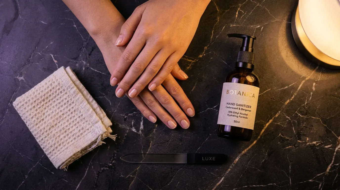 Flat lay of hygiene essentials including manicured nails and sanitizer for safe reach around practice