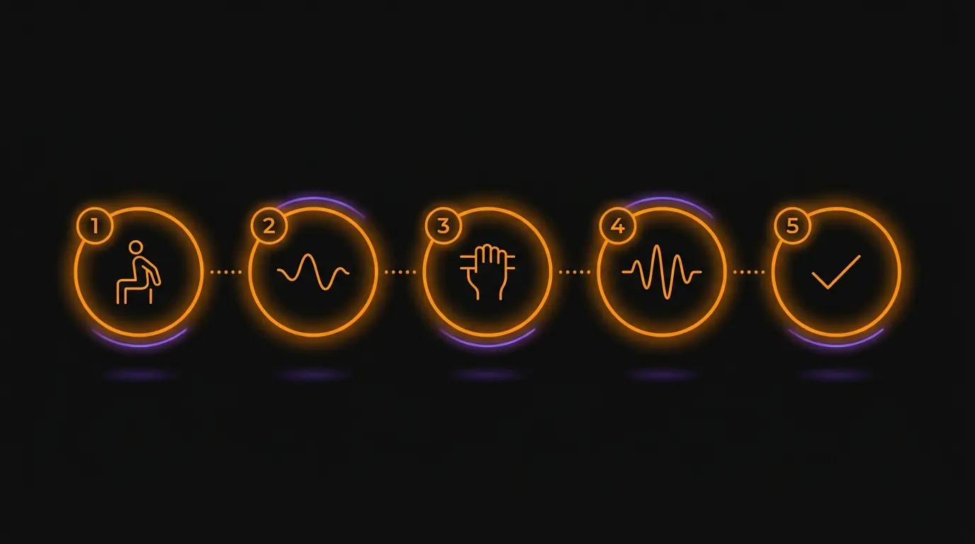 Five-step infographic showing the reach around technique progression from positioning to finish