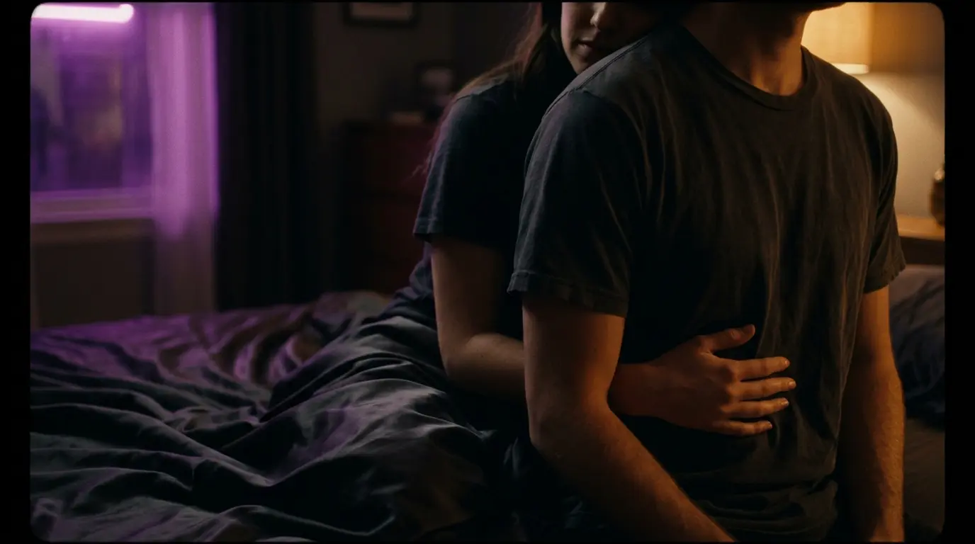 Intimate couple in dimly lit bedroom demonstrating the reach around position with warm amber lighting