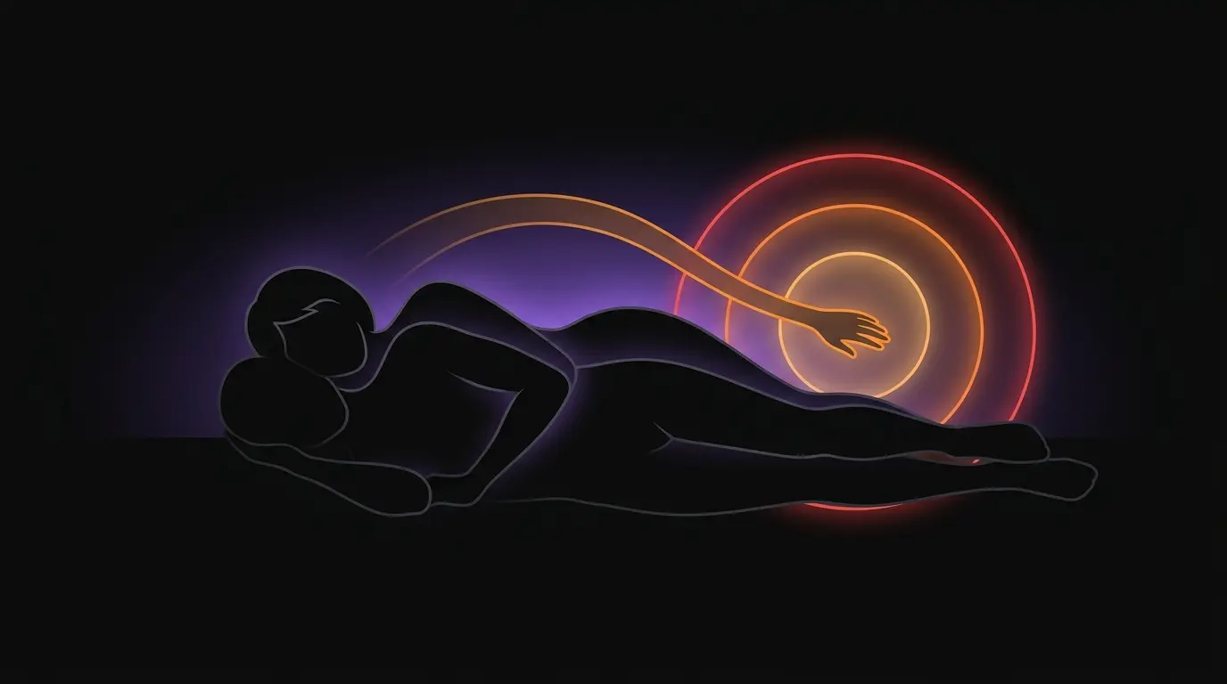Cinematic dark bedroom scene — woman's arm extending gracefully around partner from behind, warm amber lighting, intimate reach around technique